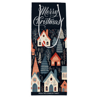 Merry Christmas | Dark Blue Christmas Village Wine Gift Bag