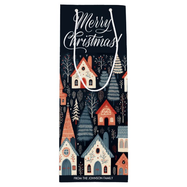 Merry Christmas | Dark Blue Christmas Village Wine Gift Bag (Front)