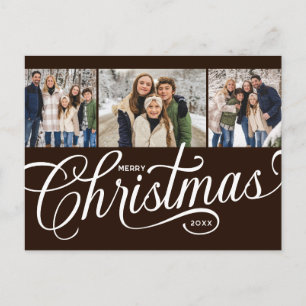 Merry Christmas Dark Chocolate Script 3 Photo Holiday Postcard