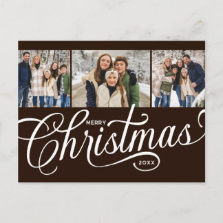 Merry Christmas Dark Chocolate Script 3 Photo Holiday Postcard