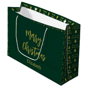 Merry Christmas Dark Green and Gold Names Trees Large Gift Bag