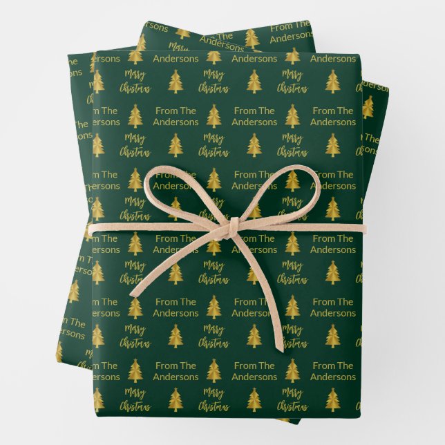 Merry Christmas Dark Green and Gold Names Trees Wrapping Paper Sheet (In situ)