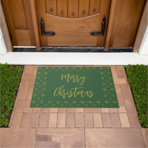 Merry Christmas Dark Green and Gold Script  Doormat