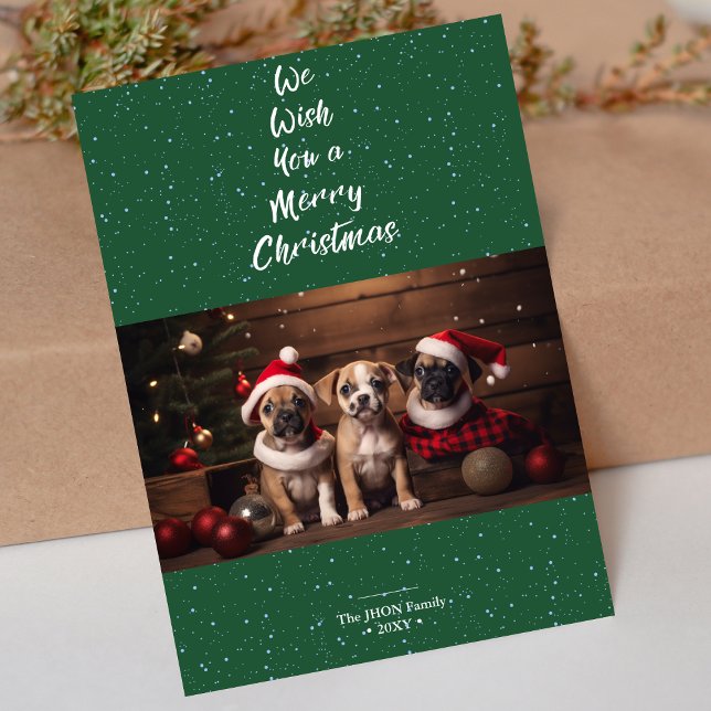 Merry Christmas Dark Green Dog Pet Photo Holiday Card (Creator Uploaded)