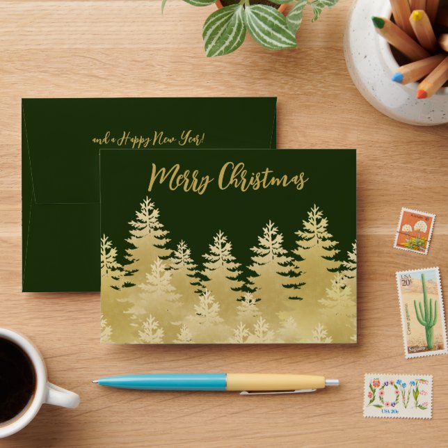Merry Christmas Dark Green Golden Pines Gift Card  Envelope (Desk)