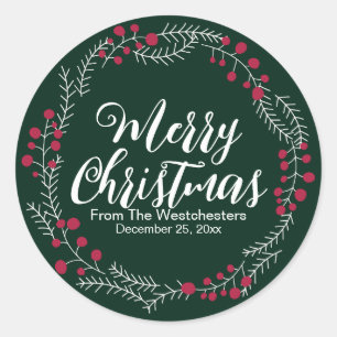 Merry Christmas dark green script rustic wreath Classic Round Sticker