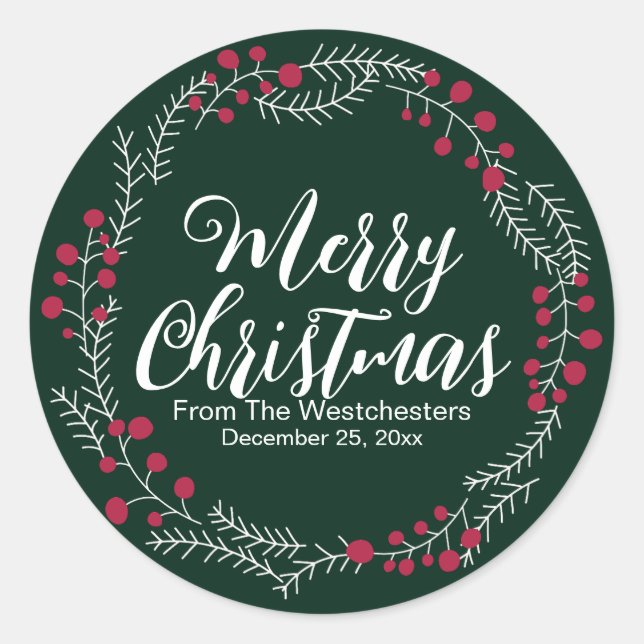 Merry Christmas dark green script rustic wreath Classic Round Sticker (Front)