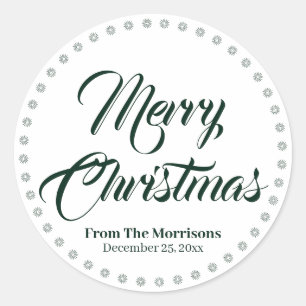 Merry Christmas dark green white custom script  Classic Round Sticker