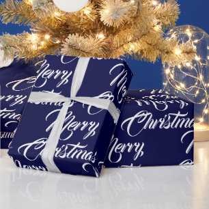 Merry Christmas dark navy custom script elegant Wrapping Paper