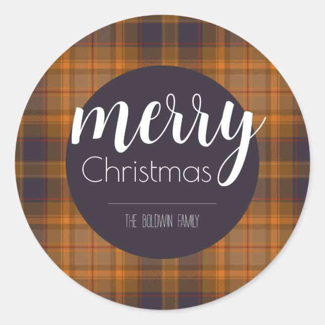 Merry Christmas Dark Plaid Classic Round Sticker (Front)