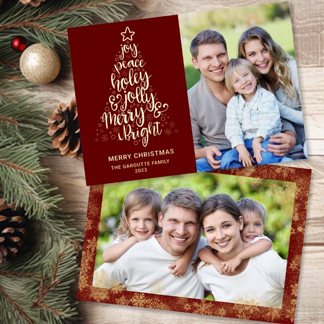 Merry Christmas Dark Red 2 Photo Gold Foil Holiday Card (Merry Christmas Dark Red 2 Photo Gold Foil Holiday Card)