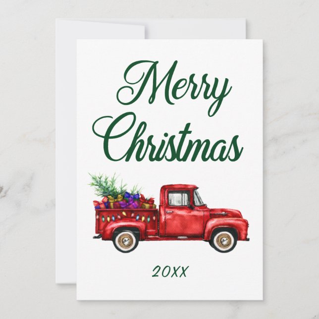 Merry Christmas Date Classic Red Truck Tree Gifts Holiday Card (Front)