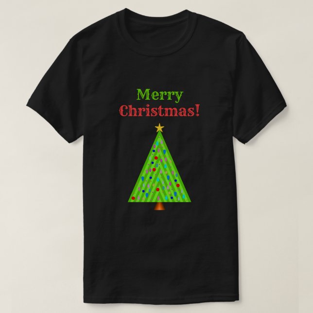 "Merry Christmas!" + Decorated Christmas Tree T-Shirt (Design Front)