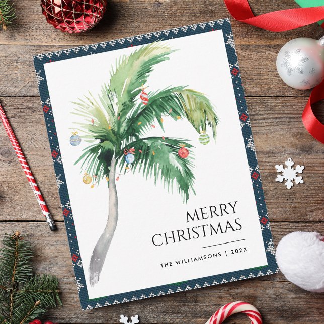 Merry Christmas Decorated Palm Tree Coastal Card (Christmas Boho Palm Tree Coastal Greetings Card)