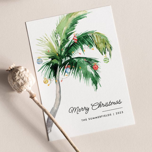 Merry Christmas Decorated Palm Tree Coastal Holiday Card (Merry Christmas Palm Tree Family Greetings Card)