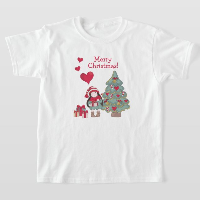 Merry Christmas - Decorated Tree and Girl T-Shirt (Laydown)