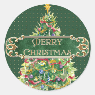 Merry Christmas Decorated Tree Star Gold Swirl Classic Round Sticker