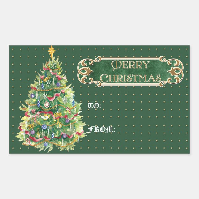 Merry Christmas Decorated Tree Star Gold Swirl Rectangular Sticker (Front)