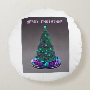 Merry Christmas. Decorated tree with gifts Round Cushion