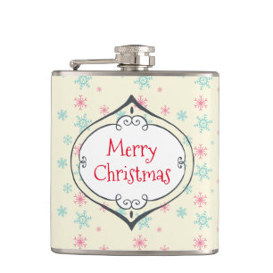 Merry Christmas Decoration Pink & Blue Snowflakes Hip Flask