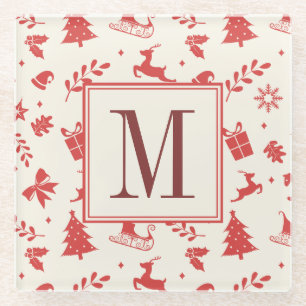Merry Christmas Decorative Family Monogram Initial Glass Coaster