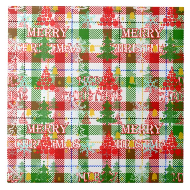 Merry Christmas Decorative Plaid Tartan  Ceramic Tile (Front)