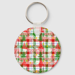 Merry Christmas Decorative Plaid Tartan  Key Ring
