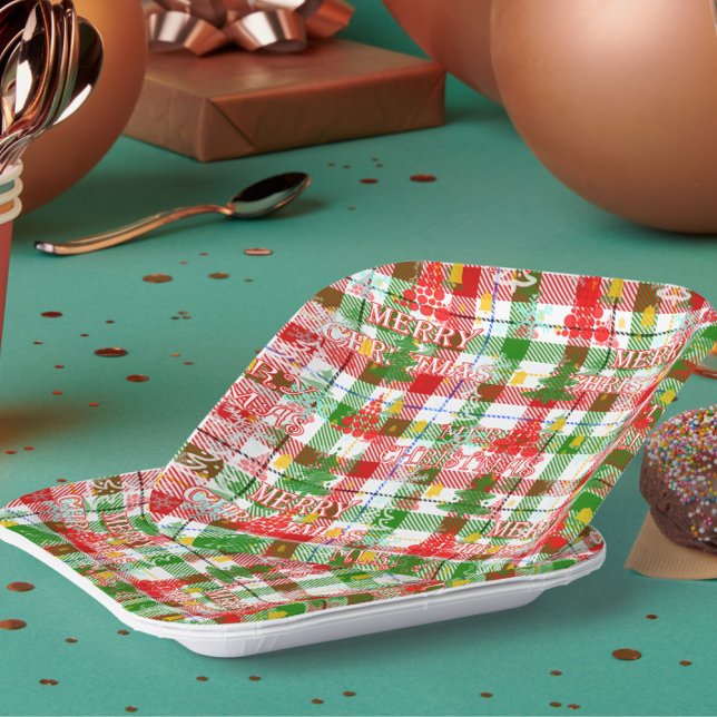 Merry Christmas Decorative Plaid Tartan  Paper Plate (Creator Uploaded)
