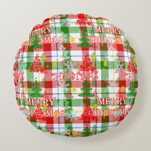Merry Christmas Decorative Plaid Tartan Round Cushion
