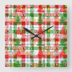 Merry Christmas Decorative Plaid Tartan Square Wall Clock