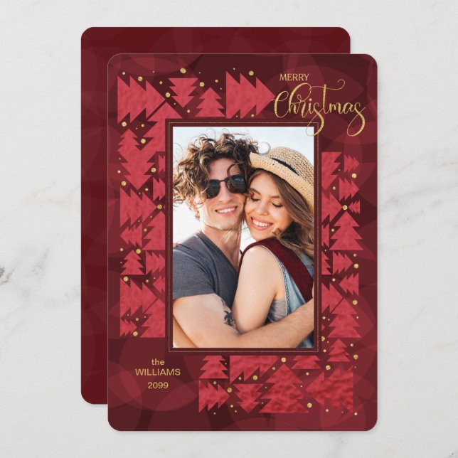 Merry Christmas Deep Red Holiday Trees Photo (Front/Back)