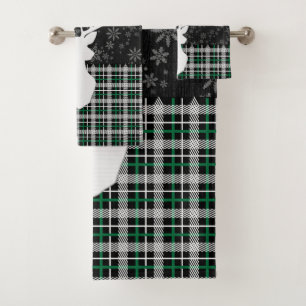 Merry Christmas Deer and Snowflakes - Green Plaid Bath Towel Set