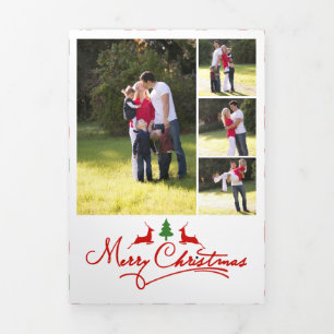 Merry Christmas  deer and tree, photo collage Tri-Fold Holiday Card
