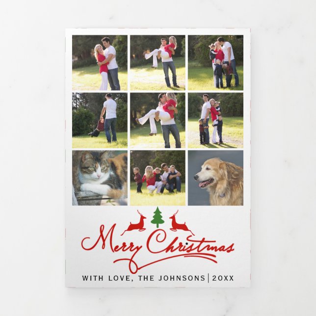 Merry Christmas deer and tree photo collage Tri-Fold Holiday Card (Cover)