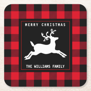 Merry Christmas Deer Black White Buffalo Check Square Paper Coaster