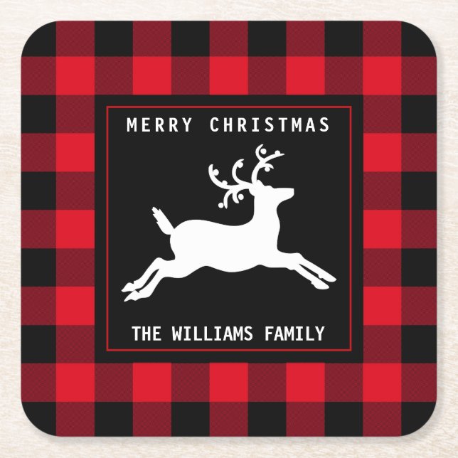 Merry Christmas Deer Black White Buffalo Check Square Paper Coaster (Front)