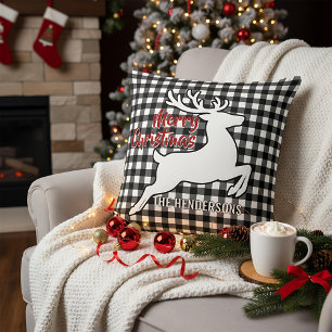 Merry Christmas Deer Black & White Plaid Name Thro Cushion