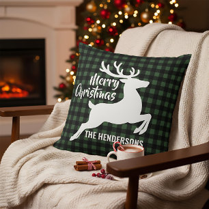 Merry Christmas Deer Green & Black Plaid Name Cushion