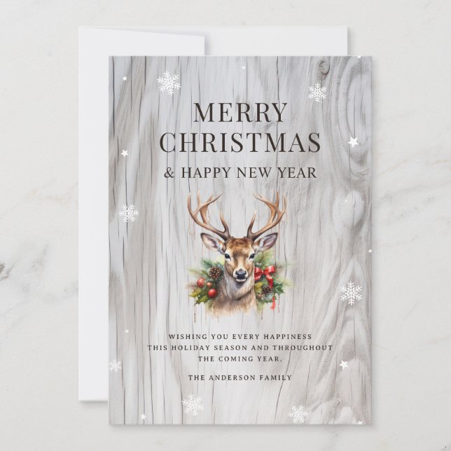 Merry Christmas Deer Holly Rustic Wood Snowflake Holiday Card (Front)