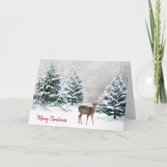 Merry Christmas Deer In Winter Woods Card (Front)