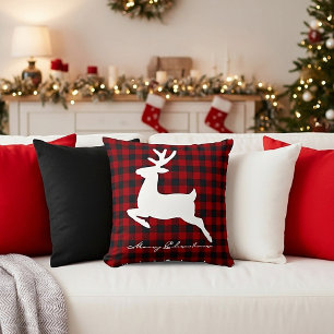 Merry Christmas deer on plaid Cushion