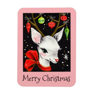 Merry Christmas Deer Pink Retro Holiday  Magnet