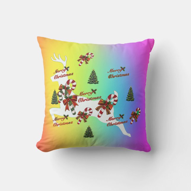 Merry Christmas Deer Rainbow Holiday Throw Pillow (Front)
