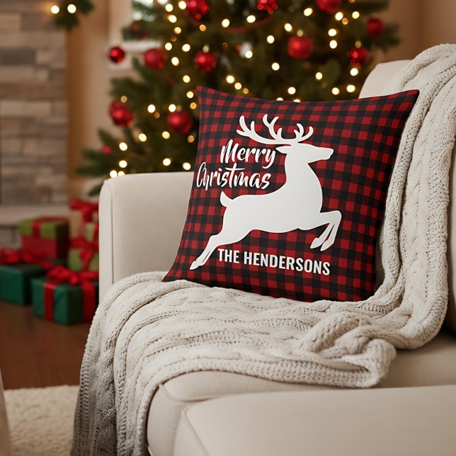 Merry Christmas Deer Red & Black Plaid Custom Name Cushion (Creator Uploaded)