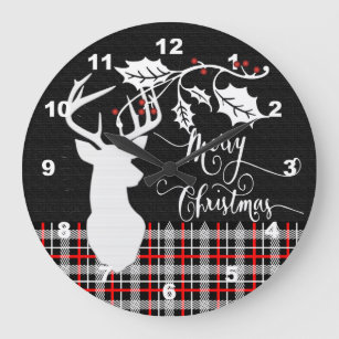 Merry Christmas Deer - Red Plaid Large Clock
