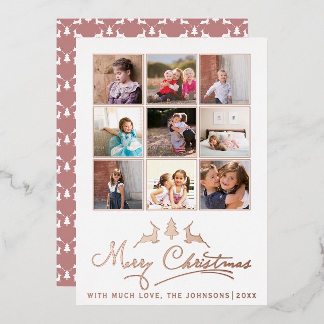 Merry Christmas deer, tree photo collage rose gold Foil Holiday Card (Front/Back)