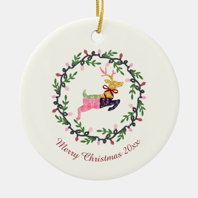 Merry Christmas Deer with Wreath Customize Ceramic Ornament (Front)