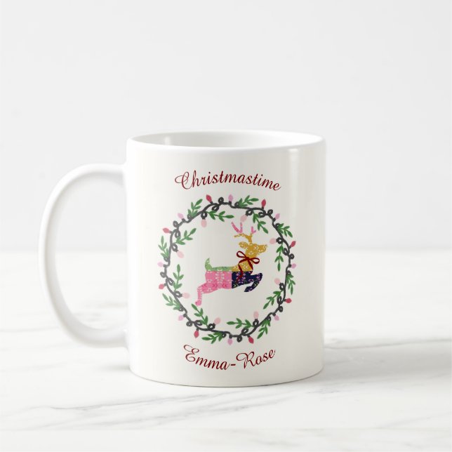 Merry Christmas Deer with Wreath Customize Coffee Mug (Left)
