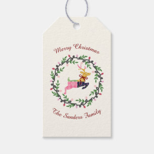 Merry Christmas Deer with Wreath Customize Gift Tags