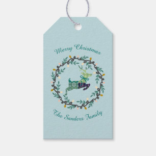 Merry Christmas Deer with Wreath Teal Customize Gift Tags